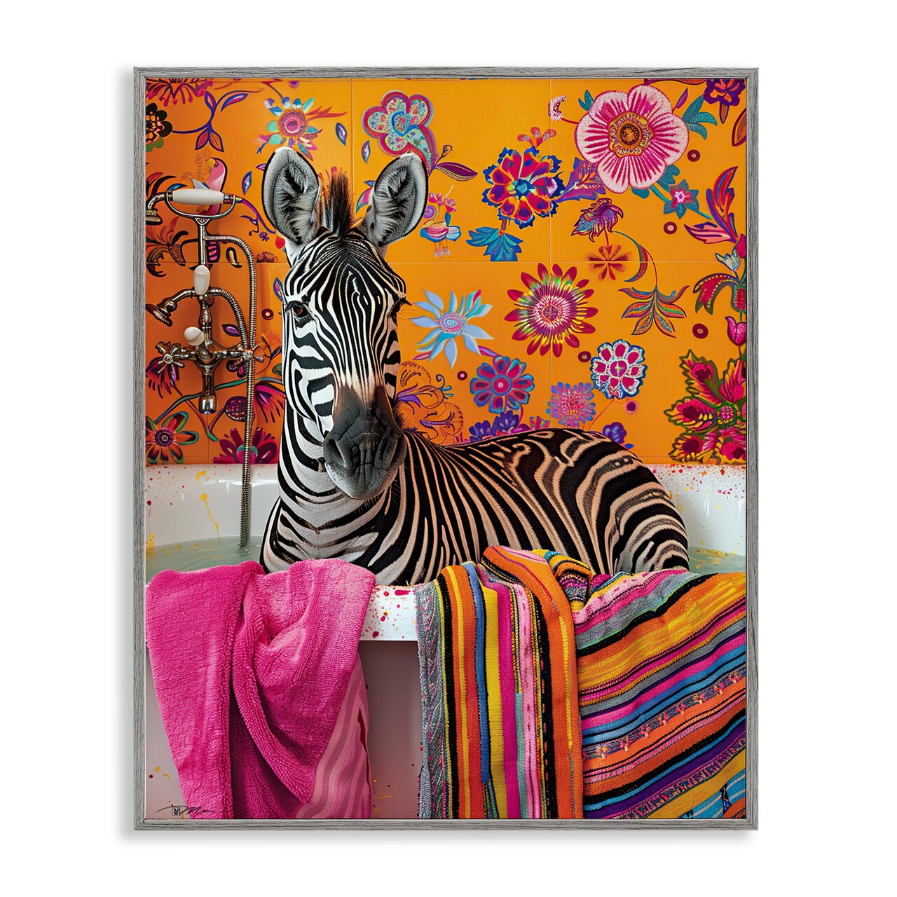 Stupell Industries Zebra Bath with Colorful Towel Framed Giclee, design by Momart